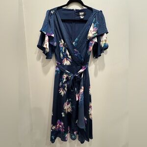 Dkny Navy Floral Wrap Midi Dress with Ruffle Sleeves
